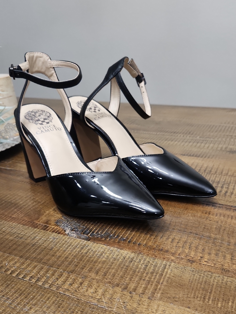 Vince Camuto Black Patent Pointed Ankle-Strap Block Heels NWOT